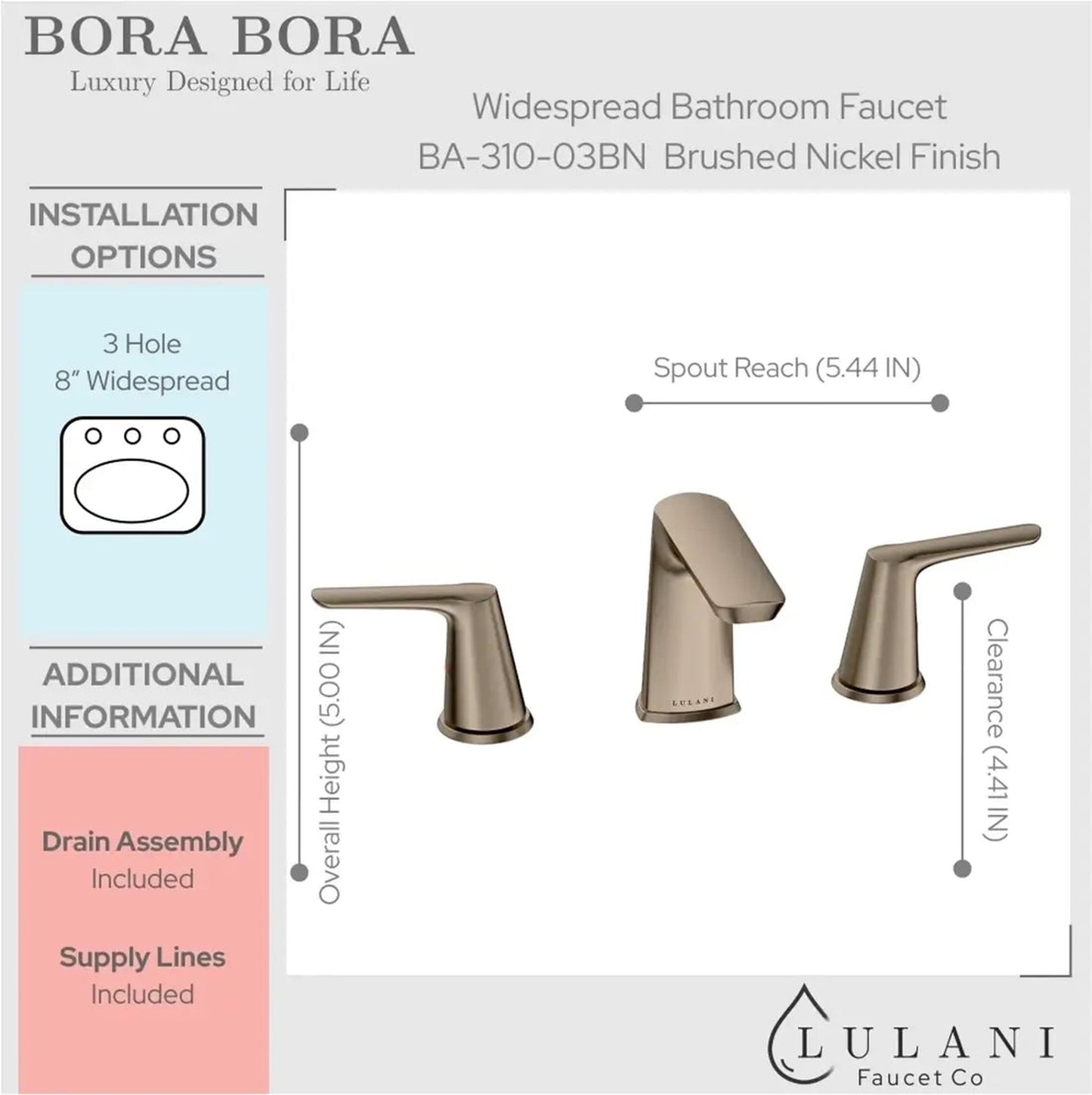 Lulani Bora Bora Brushed Nickel 1.2 GPM Widespread Two Handle Faucet With Drain Assembly