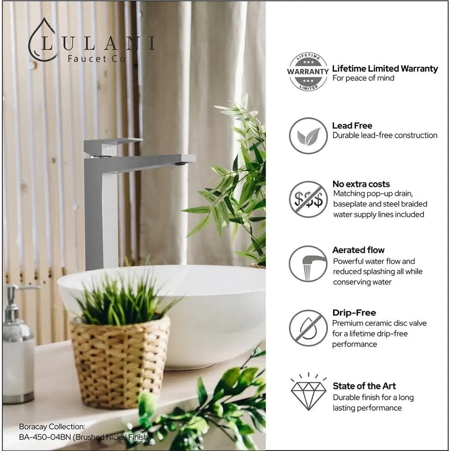 Lulani Boracay Brushed Nickel 1.2 GPM Single Handle Vessel Sink Brass Faucet With Drain Assembly