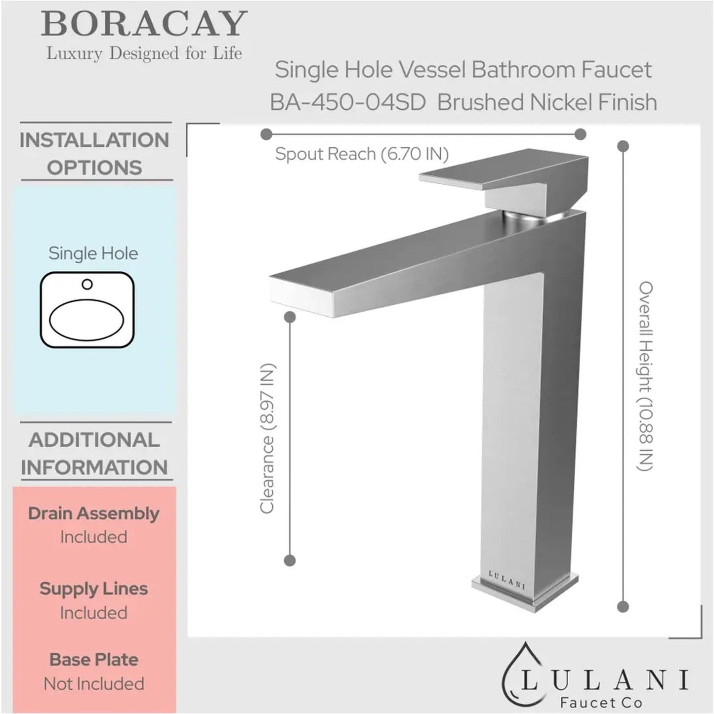 Lulani Boracay Brushed Nickel 1.2 GPM Single Handle Vessel Sink Brass Faucet With Drain Assembly