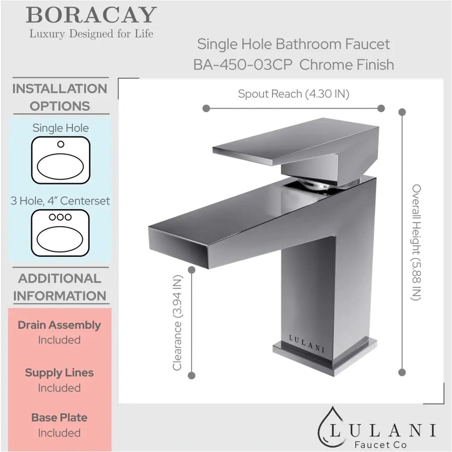 Lulani Boracay Chrome 1.2 GPM Single Hole Brass Faucet With Drain Assembly