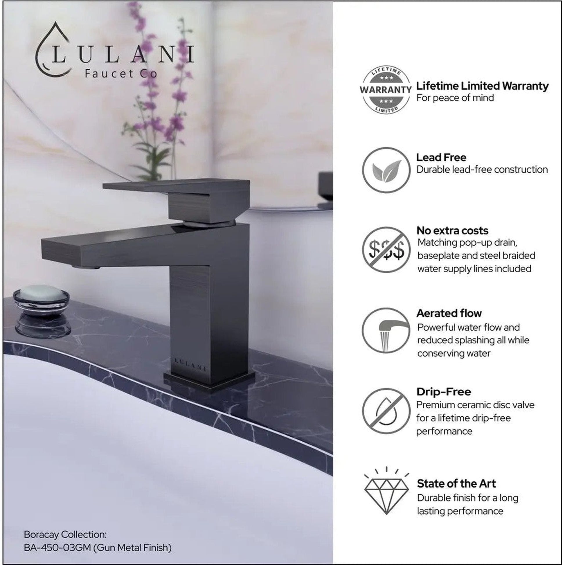 Lulani Boracay Gun Metal 1.2 GPM Single Hole Brass Faucet With Drain Assembly