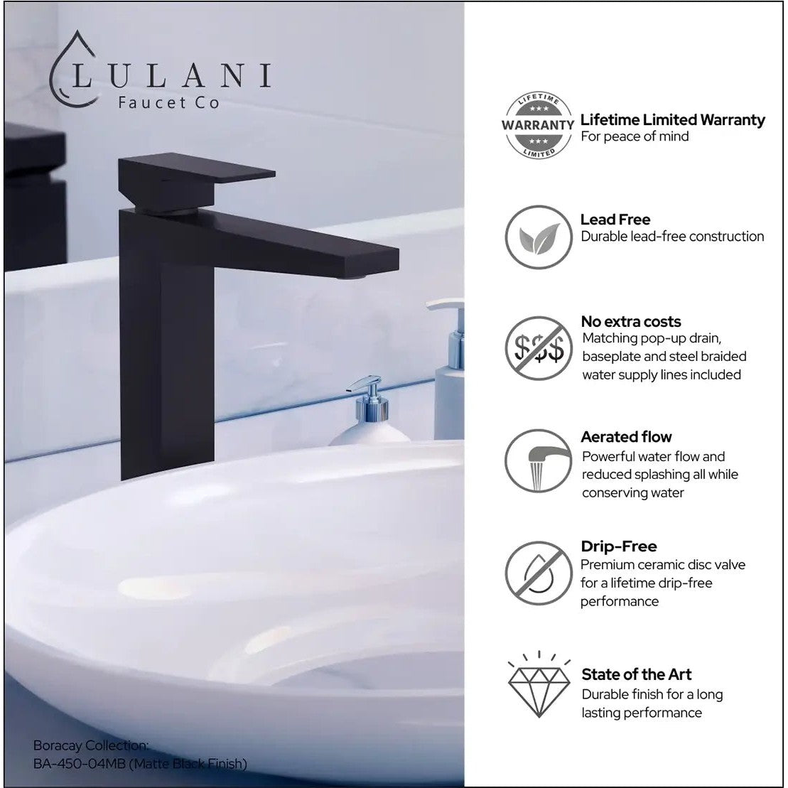 Lulani Boracay Matte Black 1.2 GPM Single Handle Vessel Sink Brass Faucet With Drain Assembly