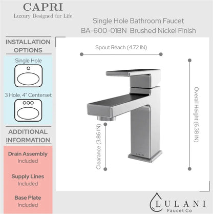 Lulani Capri Brushed Nickel 1.2 GPM 1-Lever Handle Single Hole Brass Faucet With Drain Assembly