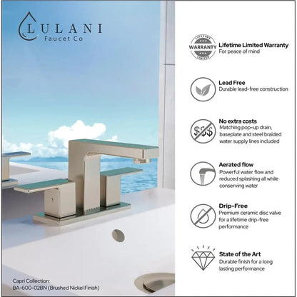 Lulani Capri Brushed Nickel 1.2 GPM 2-Lever Handle 3-Hole Centerset Brass Faucet With Drain Assembly