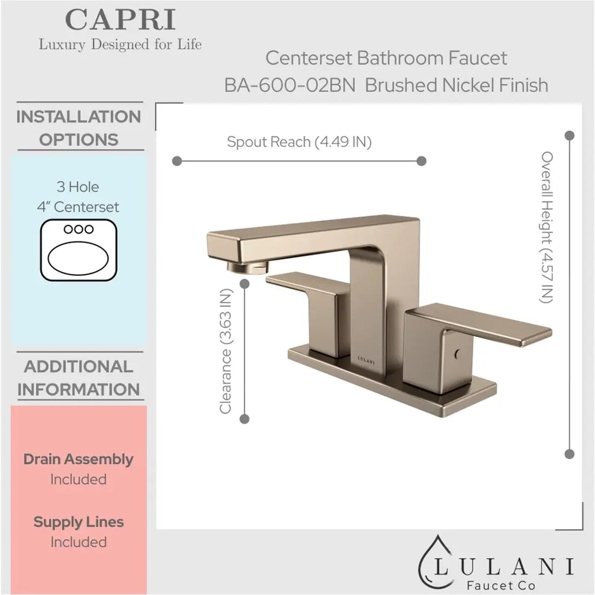 Lulani Capri Brushed Nickel 1.2 GPM 2-Lever Handle 3-Hole Centerset Brass Faucet With Drain Assembly
