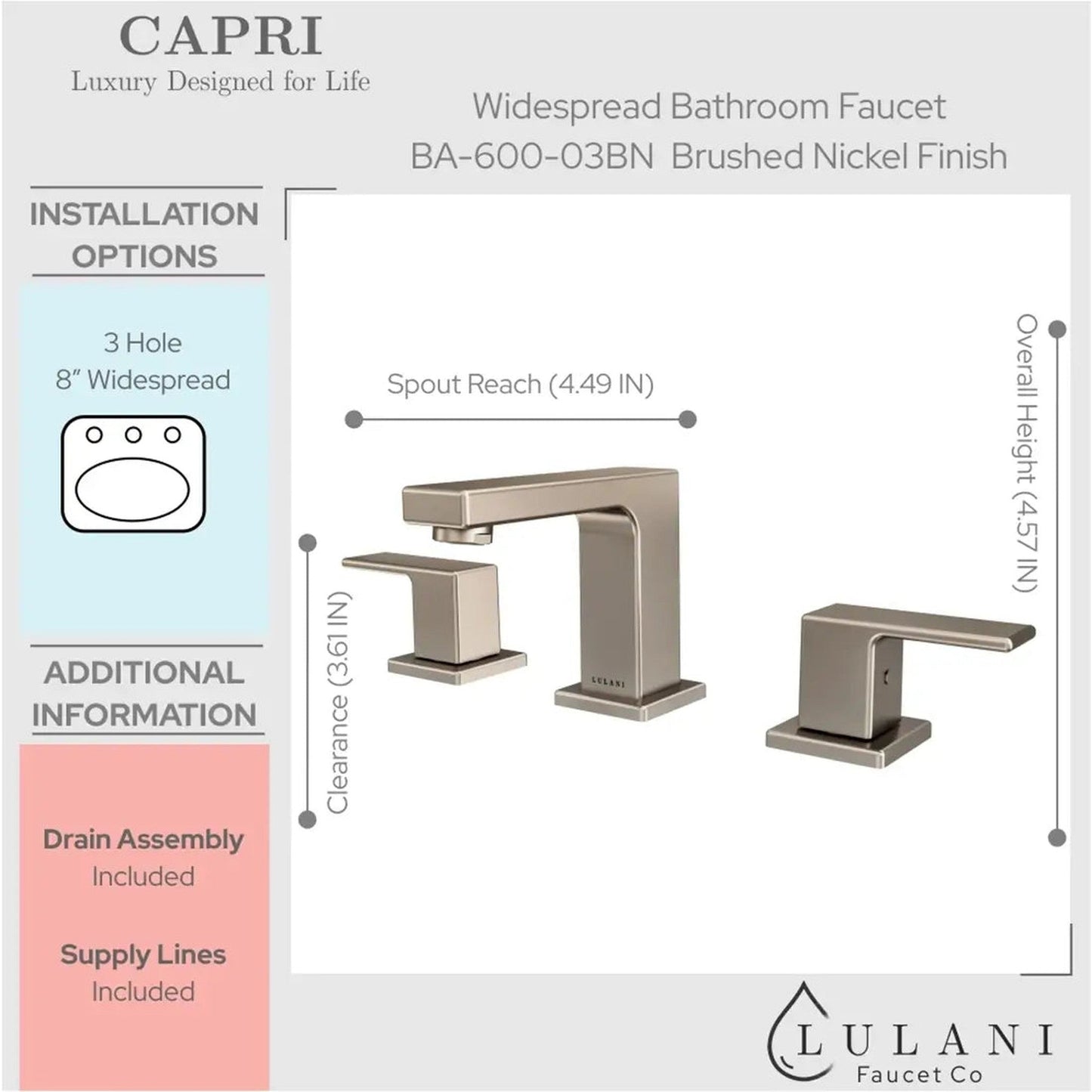Lulani Capri Brushed Nickel 1.2 GPM 2-Lever Handle 3-Hole Widespread Brass Faucet With Drain Assembly