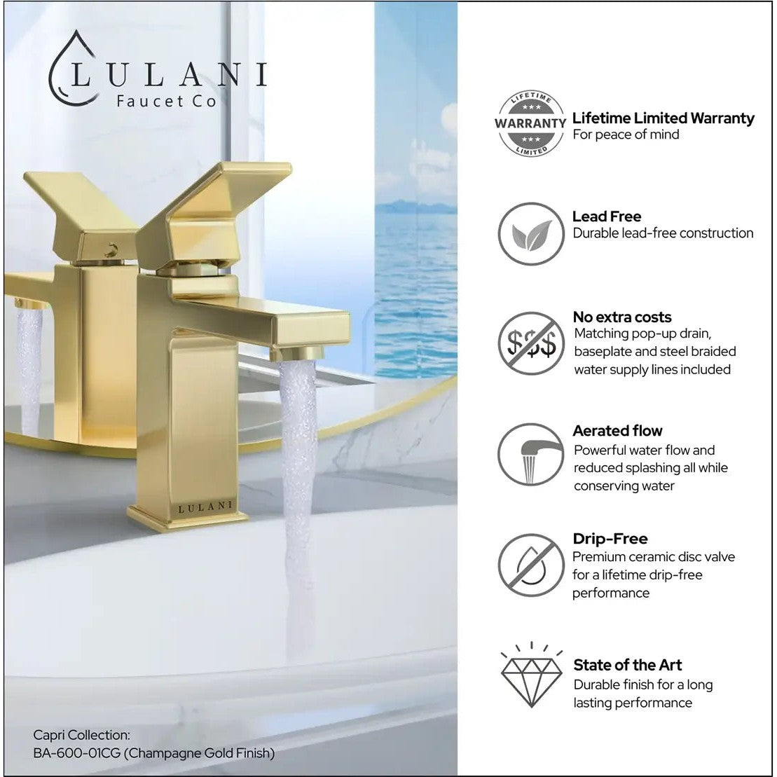Lulani Capri Champagne Gold 1.2 GPM 1-Lever Handle Single Hole Brass Faucet With Drain Assembly
