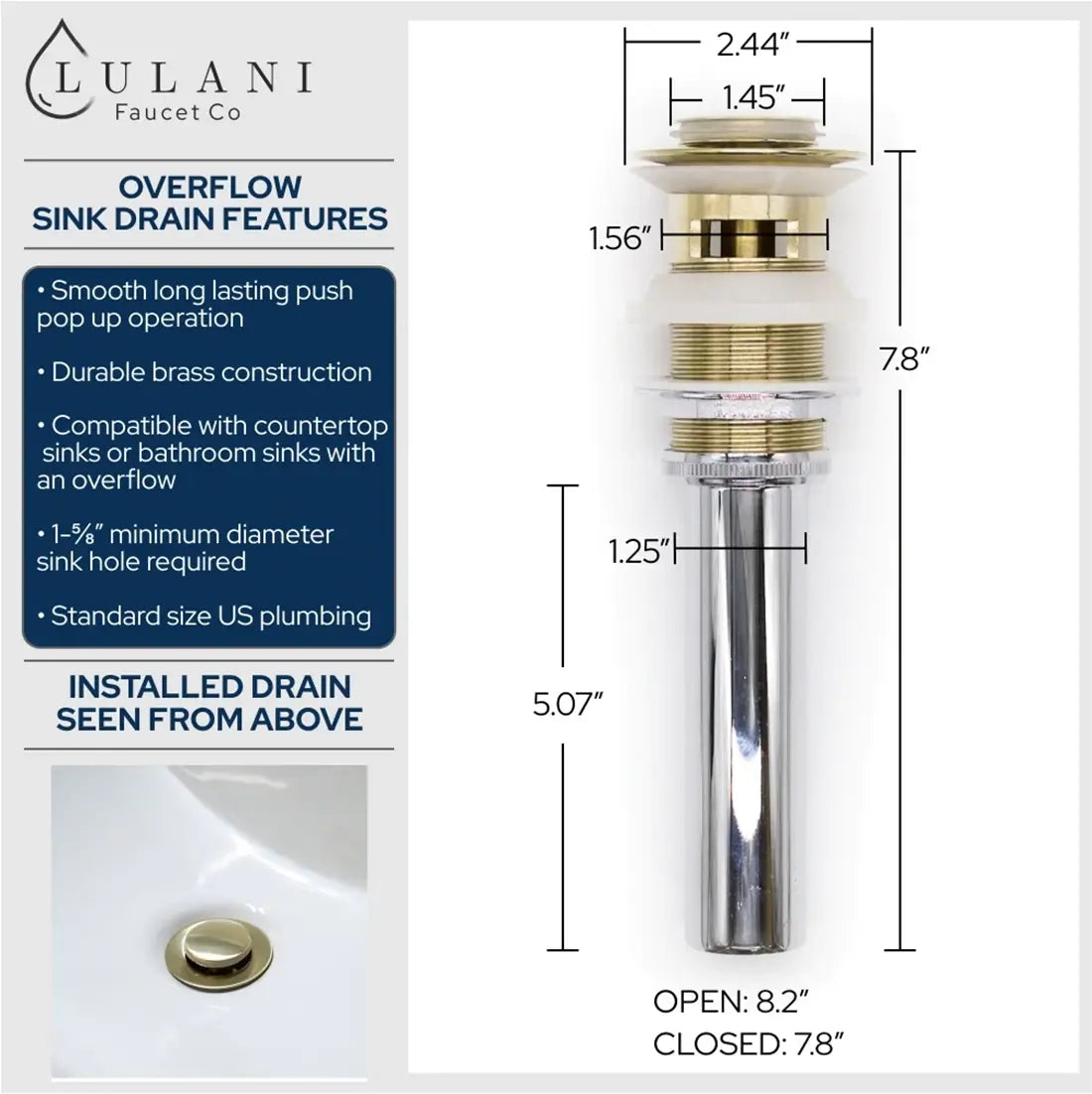 Lulani Capri Champagne Gold 1.2 GPM 1-Lever Handle Single Hole Brass Faucet With Drain Assembly