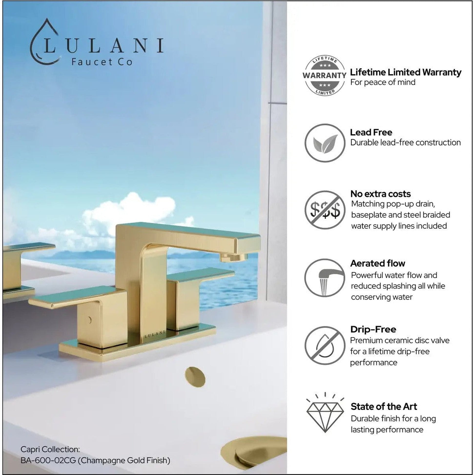 Lulani Capri Champagne Gold 1.2 GPM 2-Lever Handle 3-Hole Centerset Brass Faucet With Drain Assembly