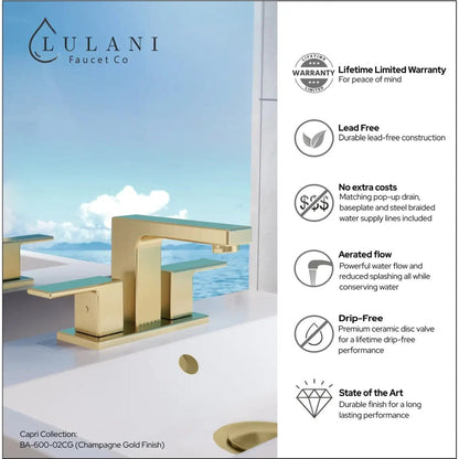 Lulani Capri Champagne Gold 1.2 GPM 2-Lever Handle 3-Hole Centerset Brass Faucet With Drain Assembly