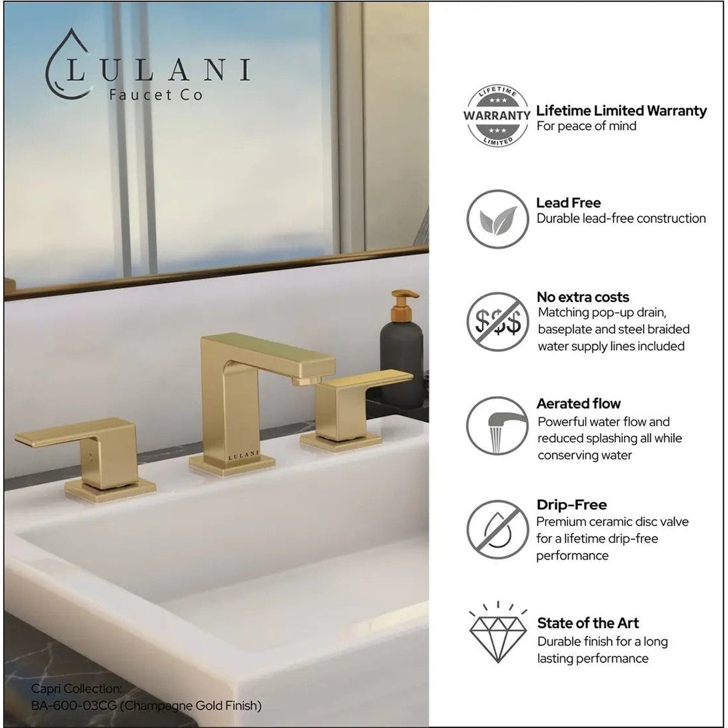 Lulani Capri Champagne Gold 1.2 GPM 2-Lever Handle 3-Hole Widespread Brass Faucet With Drain Assembly