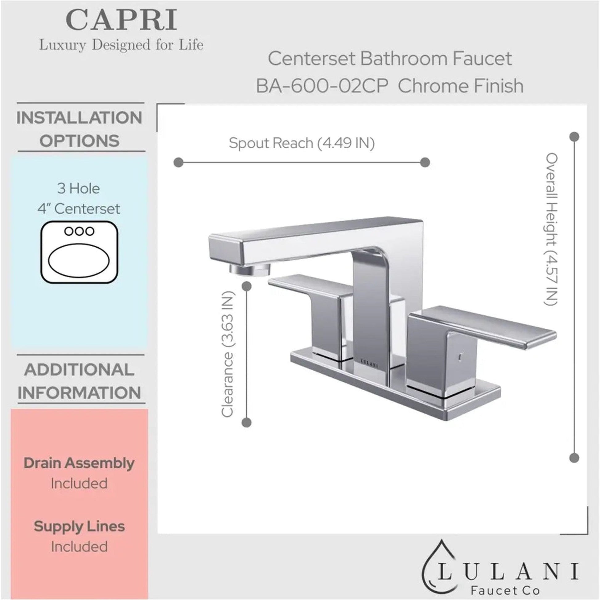 Lulani Capri Chrome 1.2 GPM 2-Lever Handle 3-Hole Centerset Brass Faucet With Drain Assembly