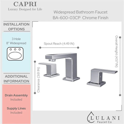 Lulani Capri Chrome 1.2 GPM 2-Lever Handle 3-Hole Widespread Brass Faucet With Drain Assembly