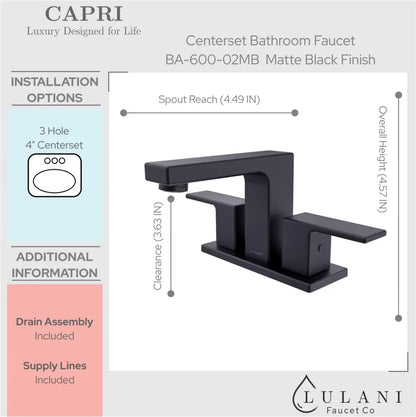 Lulani Capri Matte Black 1.2 GPM 2-Lever Handle 3-Hole Centerset Brass Faucet With Drain Assembly