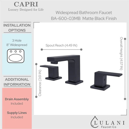 Lulani Capri Matte Black 1.2 GPM 2-Lever Handle 3-Hole Widespread Brass Faucet With Drain Assembly