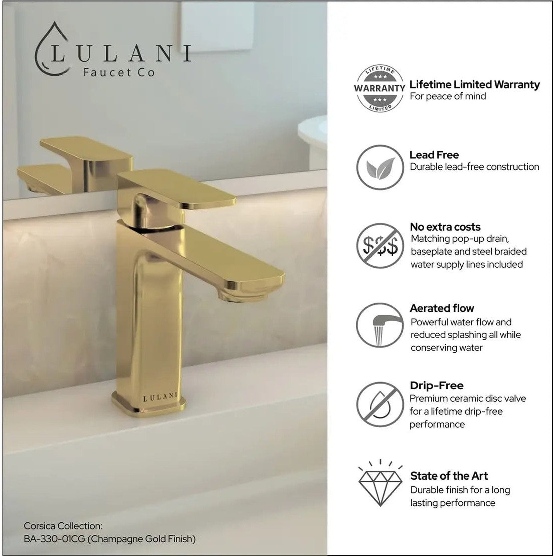 Lulani Corsica Champagne Gold 1.2 GPM Single Hole One Handle Faucet With Drain Assembly