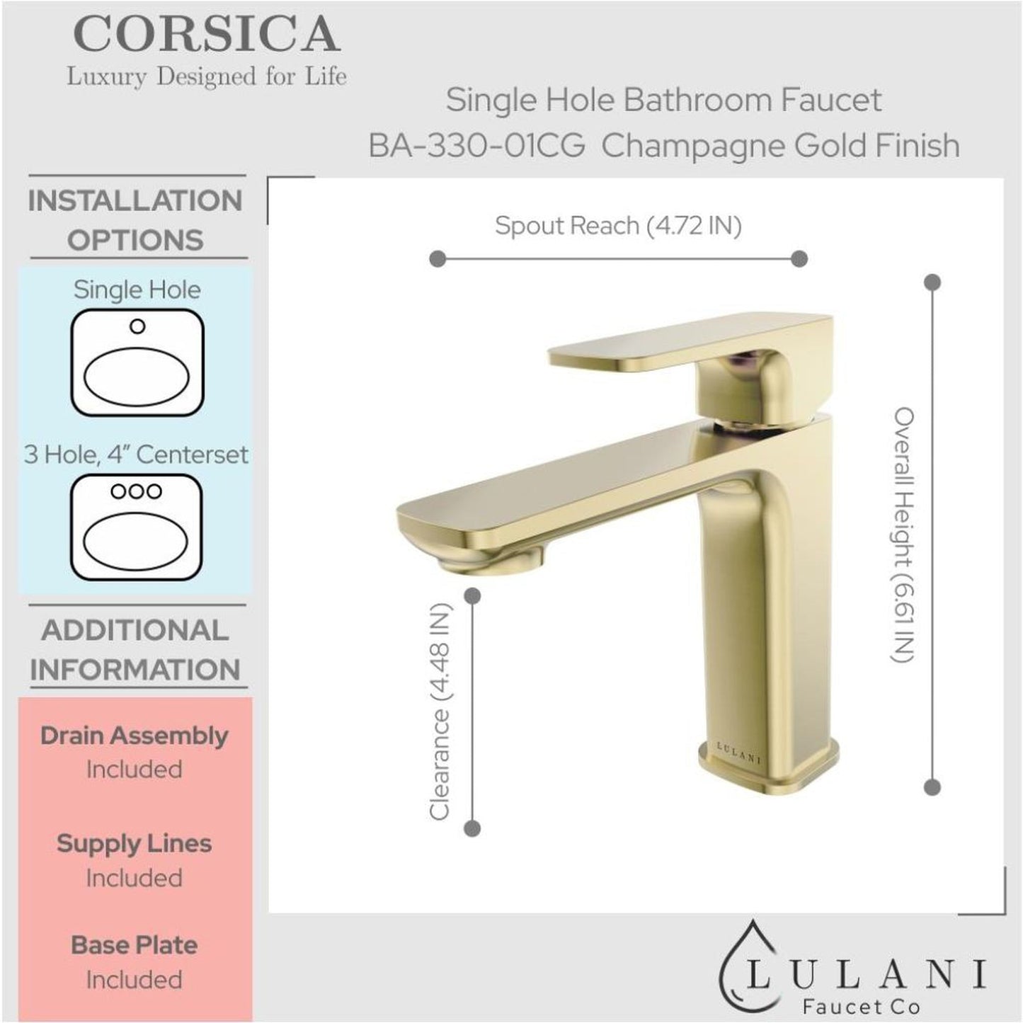 Lulani Corsica Champagne Gold 1.2 GPM Single Hole One Handle Faucet With Drain Assembly