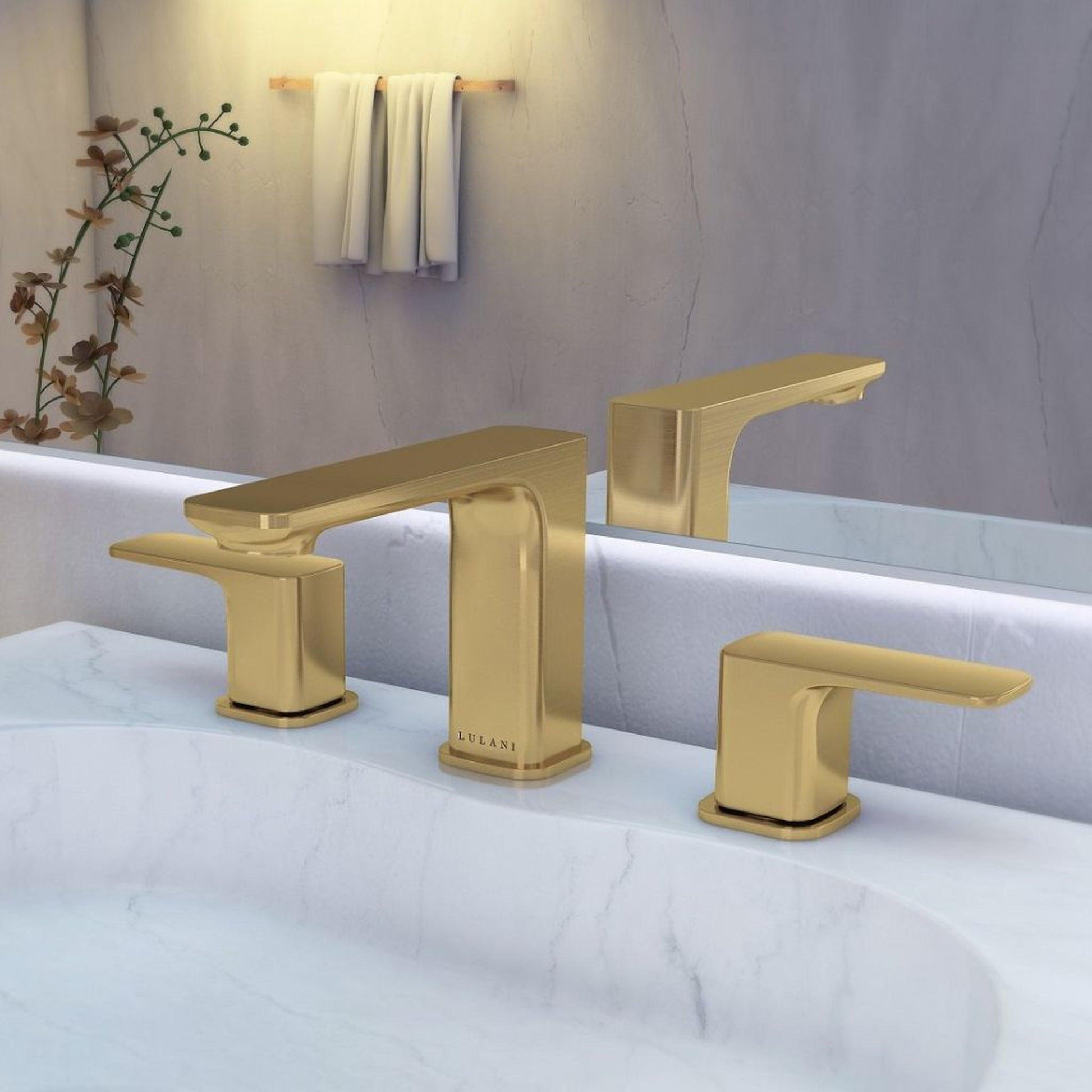 Lulani Corsica Champagne Gold 1.2 GPM Two Handle Widespread Faucet With Drain Assembly