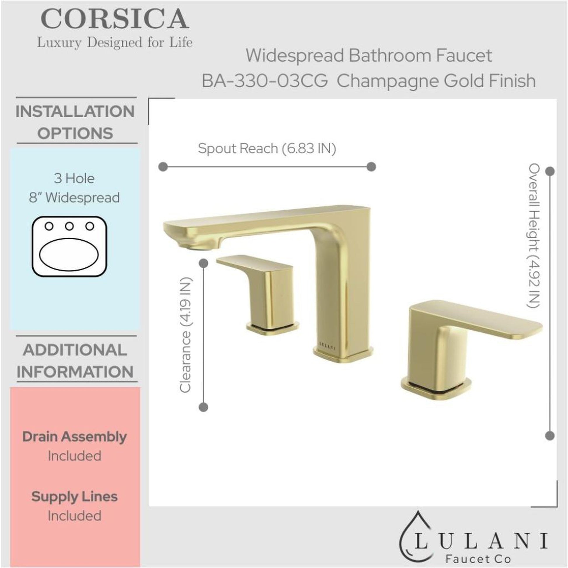 Lulani Corsica Champagne Gold 1.2 GPM Two Handle Widespread Faucet With Drain Assembly