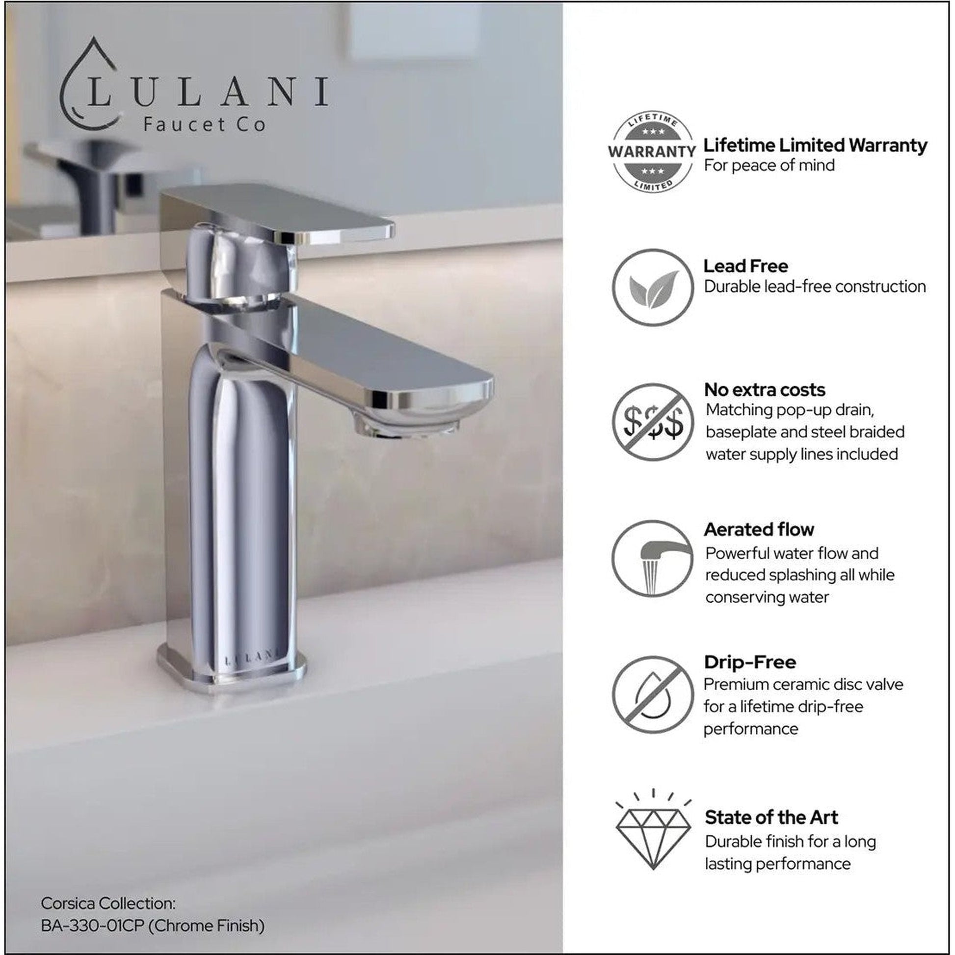 Lulani Corsica Chrome 1.2 GPM Single Hole One Handle Faucet With Drain Assembly