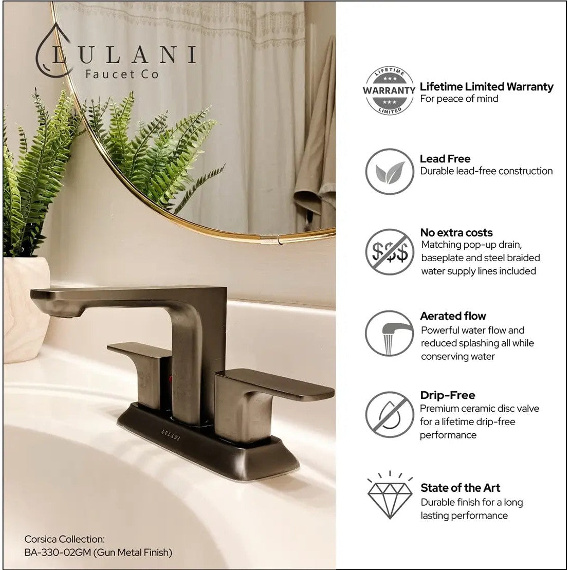 Lulani Corsica Gun Metal 1.2 GPM Two Handle Centerset Faucet With Drain Assembly