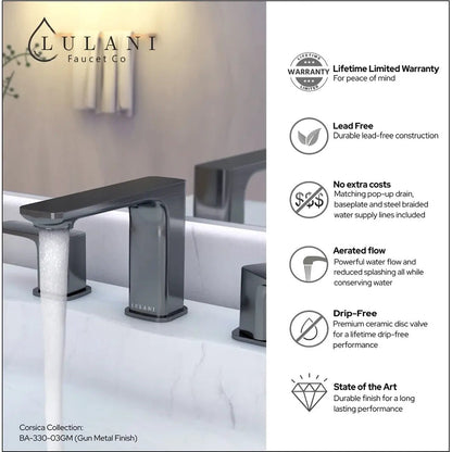 Lulani Corsica Gun Metal 1.2 GPM Two Handle Widespread Faucet With Drain Assembly