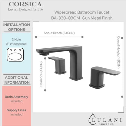 Lulani Corsica Gun Metal 1.2 GPM Two Handle Widespread Faucet With Drain Assembly