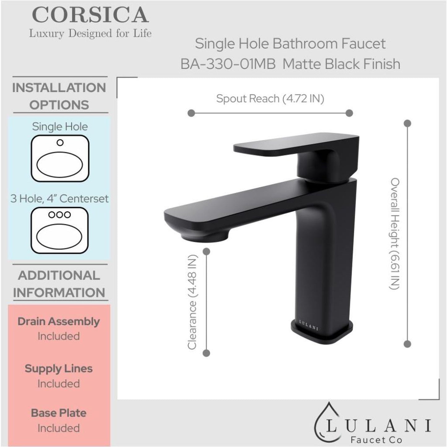 Lulani Corsica Matte Black 1.2 GPM Single Hole One Handle Faucet With Drain Assembly