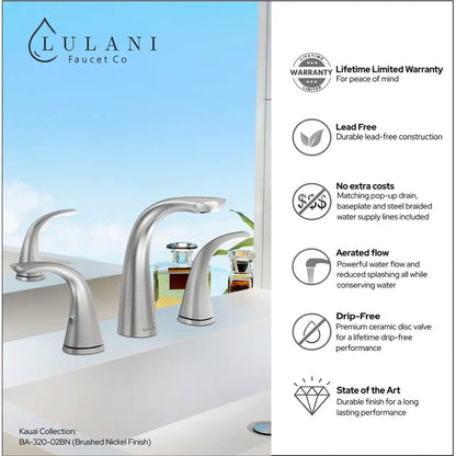 Lulani Kauai Brushed Nickel 1.2 GPM Two Handle Widespread Brass Faucet With Drain Assembly