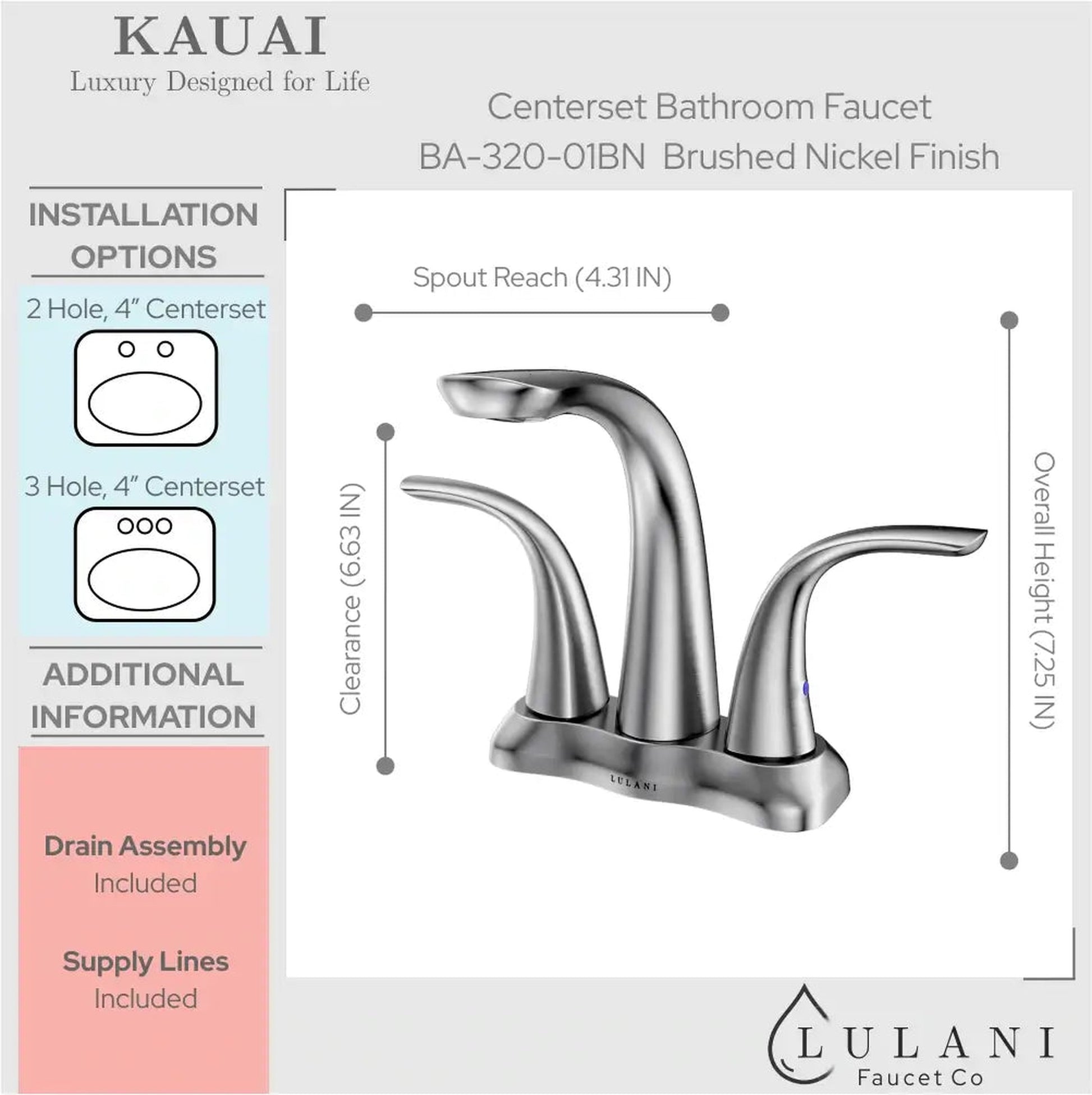 Lulani Kauai Brushed Nickel 4" Centerset Two Handle Faucet With Drain Assembly