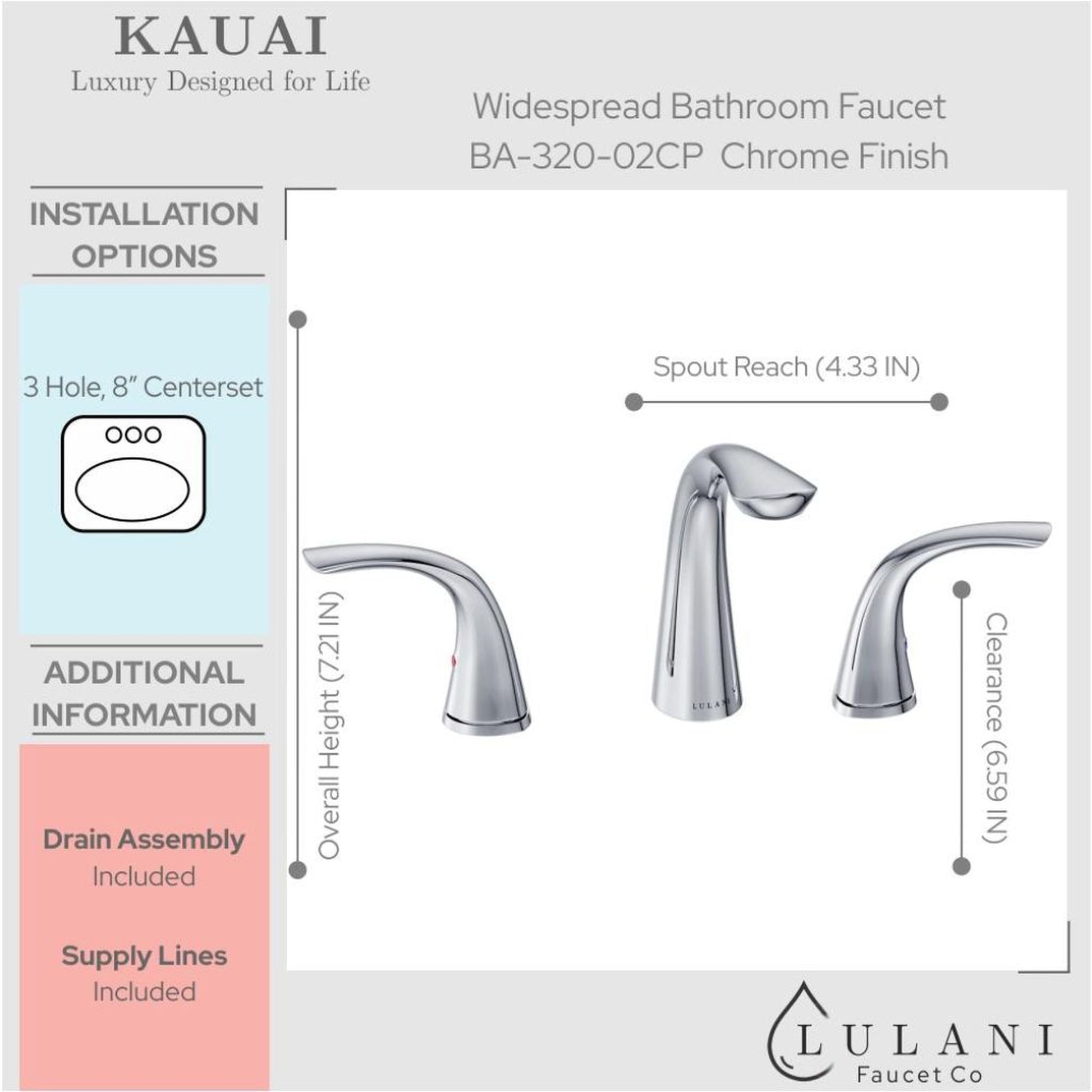 Lulani Kauai Chrome 1.2 GPM Two Handle Widespread Brass Faucet With Drain Assembly