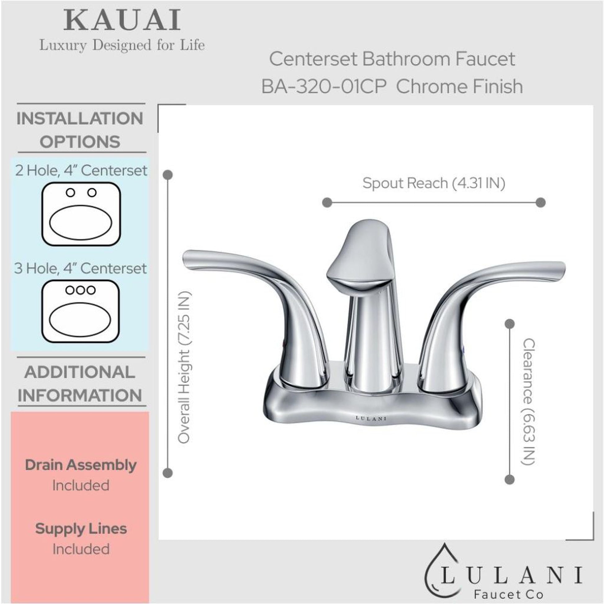 Lulani Kauai Chrome 4" Centerset Two Handle Faucet With Drain Assembly