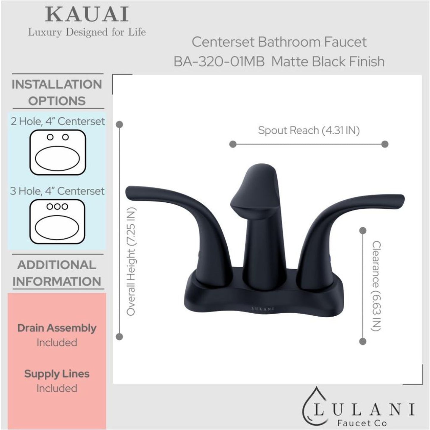 Lulani Kauai Matte Black 4" Centerset Two Handle Faucet With Drain Assembly