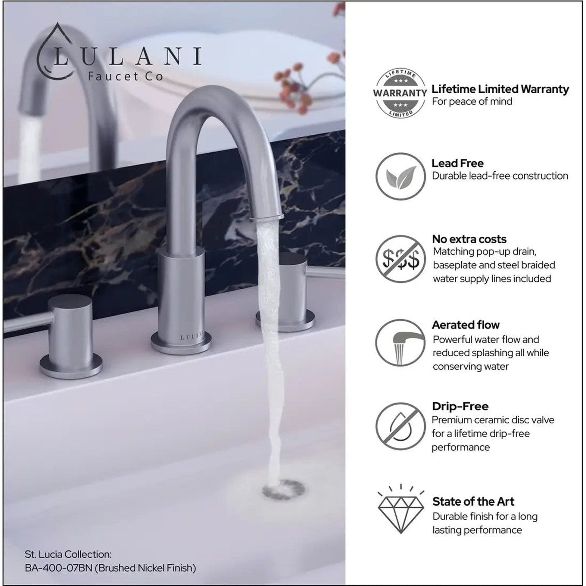 Lulani St. Lucia 8" Brushed Nickel 1.2 GPM Two Handle Widespread Faucet With Drain Assembly