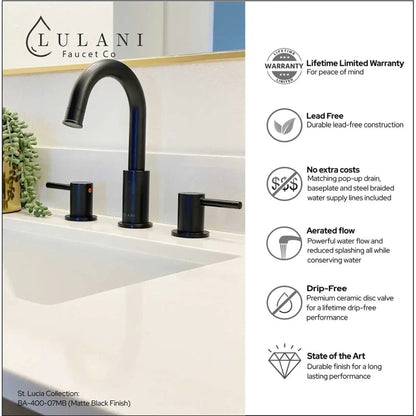Lulani St. Lucia 8" Matte Black 1.2 GPM Two Handle Widespread Faucet With Drain Assembly