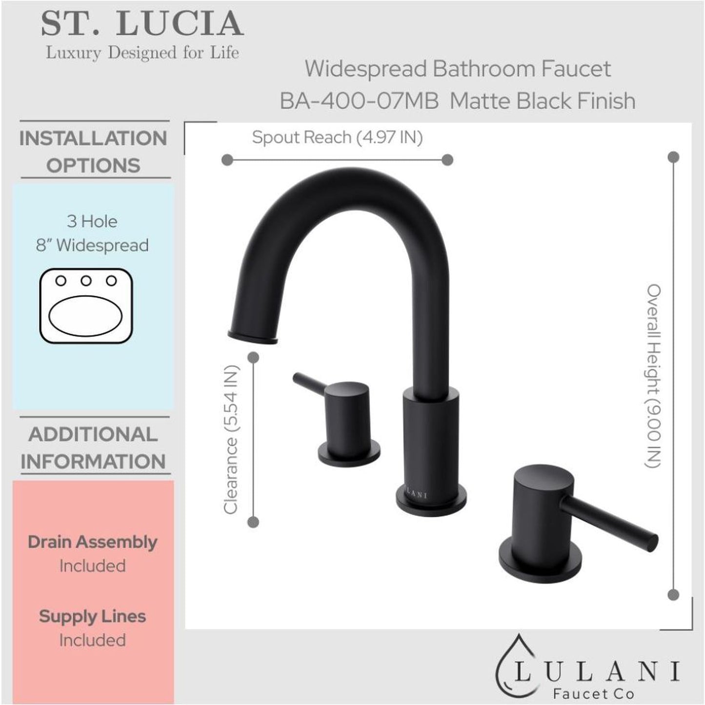 Lulani St. Lucia 8" Matte Black 1.2 GPM Two Handle Widespread Faucet With Drain Assembly