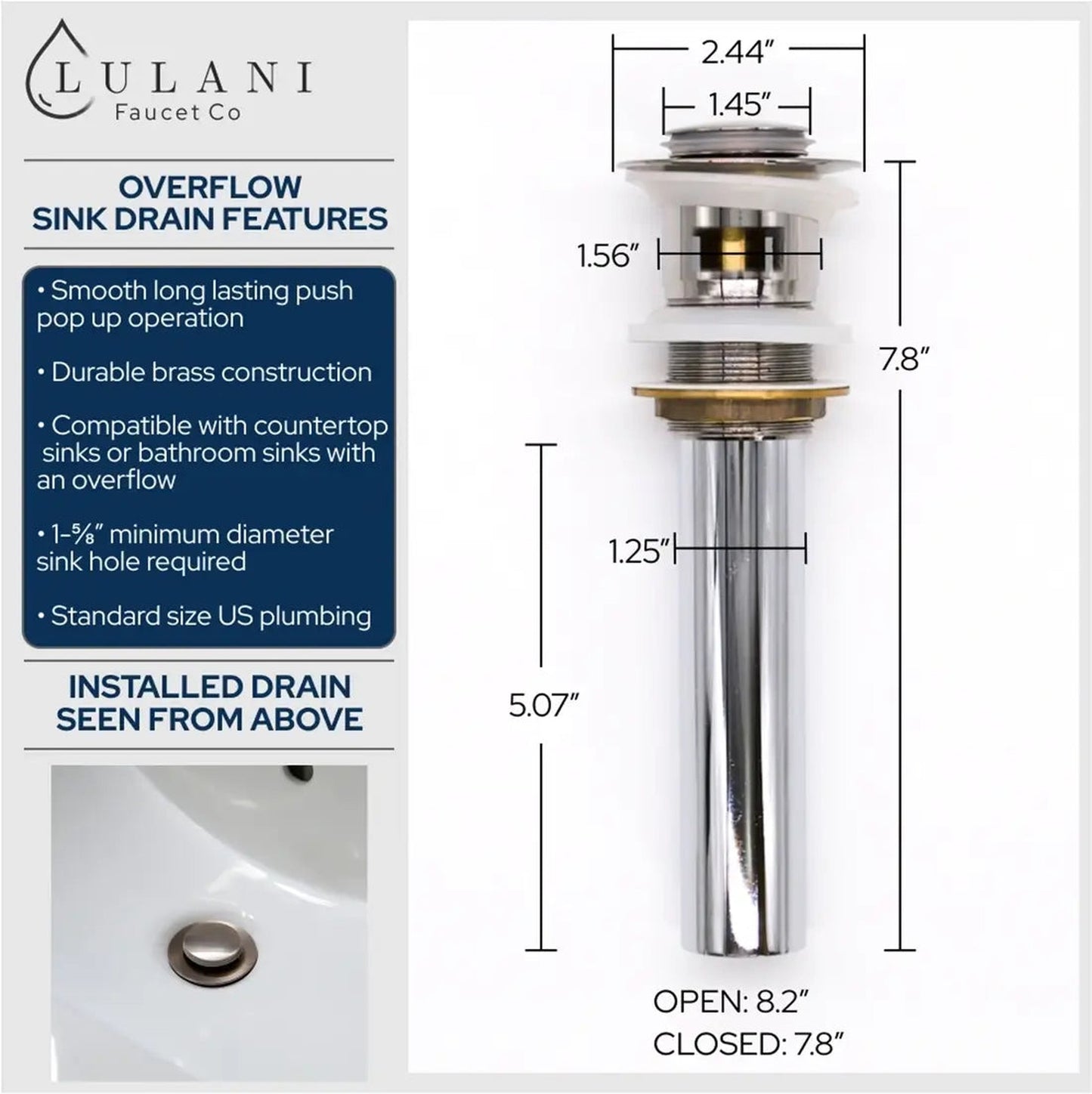 Lulani St. Lucia Brushed Nickel 1.2 GPM 1-Handle Single Hole Brass Faucet With Drain Assembly