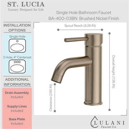 Lulani St. Lucia Brushed Nickel 1.2 GPM 1-Handle Single Hole Brass Faucet With Drain Assembly