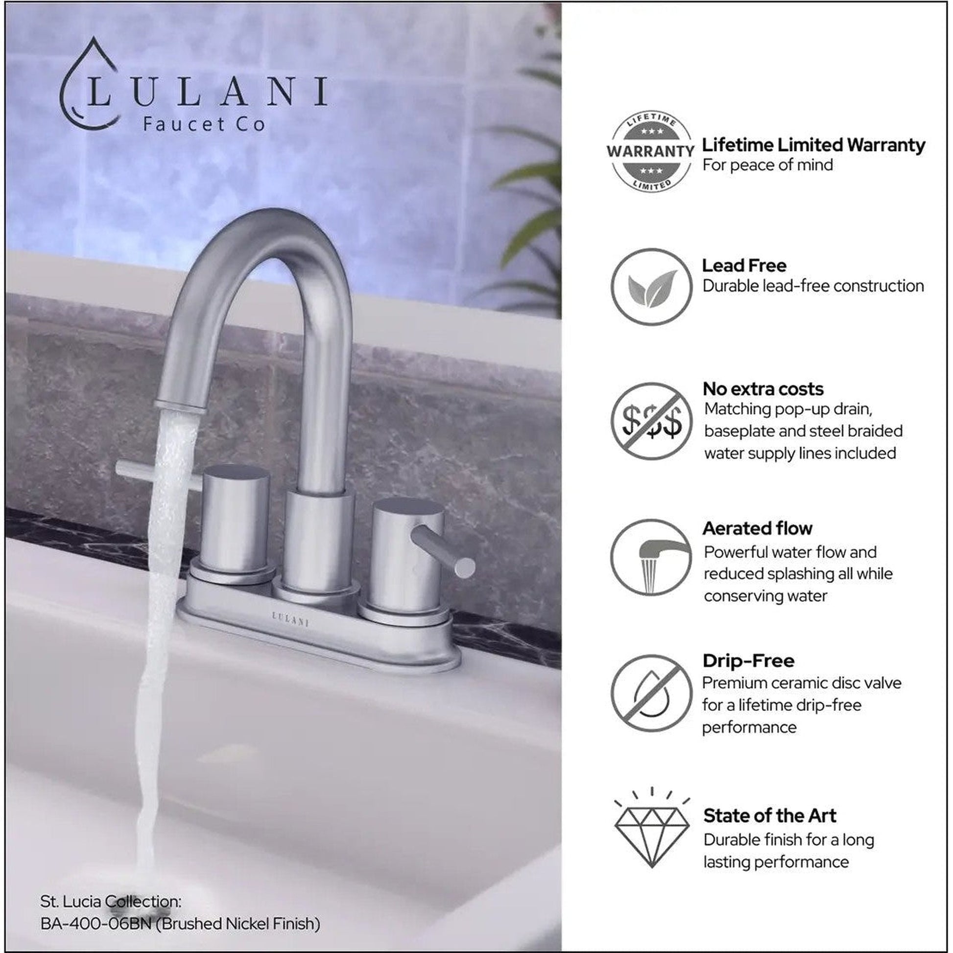 Lulani St. Lucia Brushed Nickel 1.2 GPM Two Handle Centerset Faucet With Drain Assembly