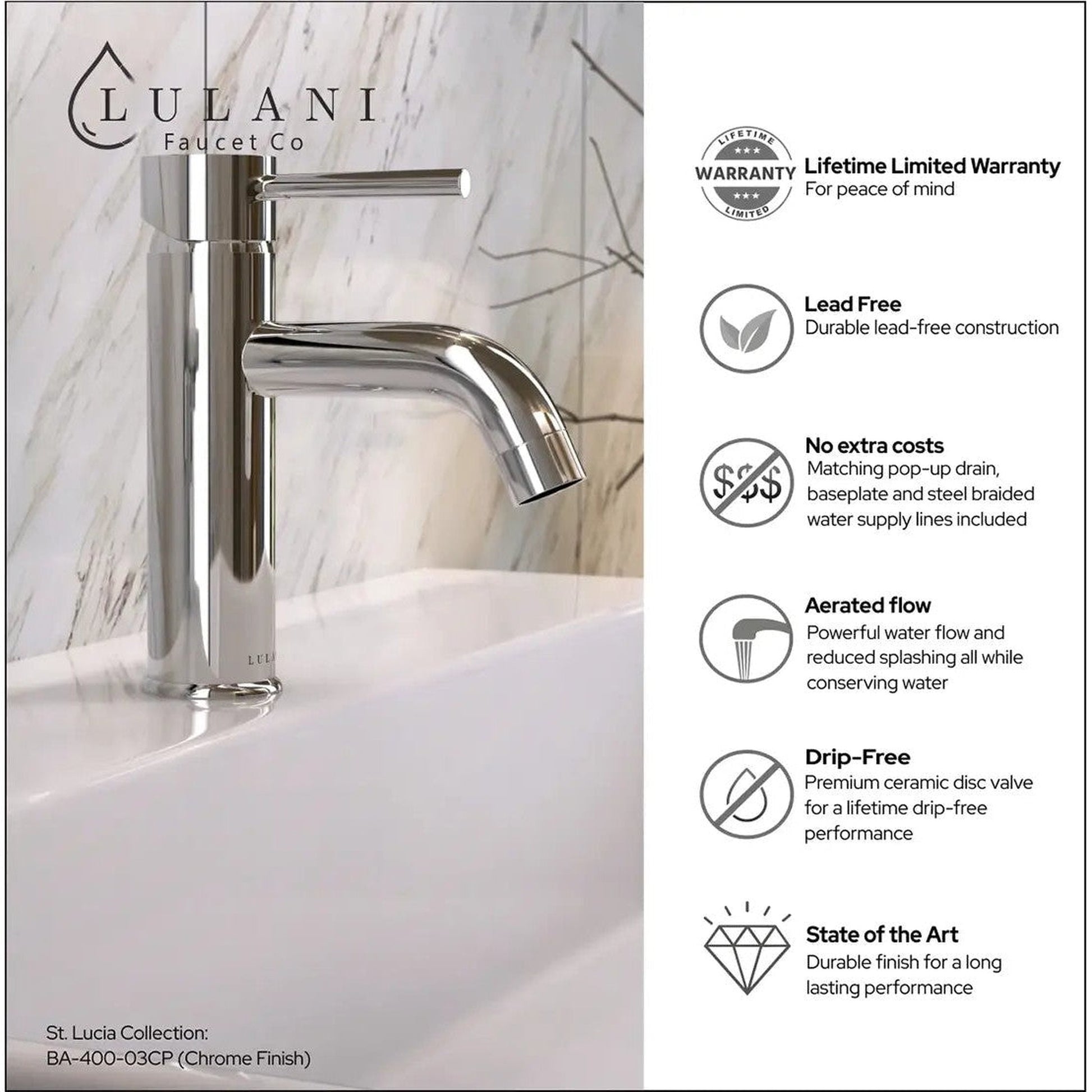 Lulani St. Lucia Chrome 1.2 GPM 1-Handle Single Hole Brass Faucet With Drain Assembly