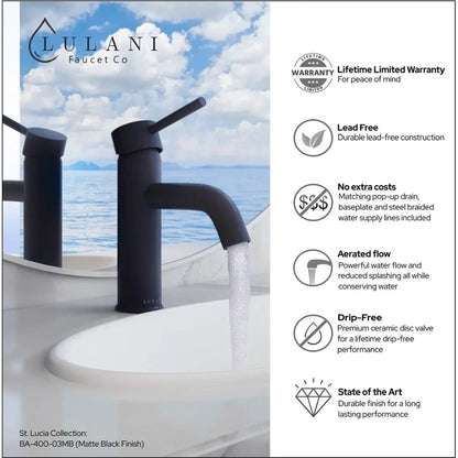 Lulani St. Lucia Matte Black 1.2 GPM 1-Handle Single Hole Brass Faucet With Drain Assembly