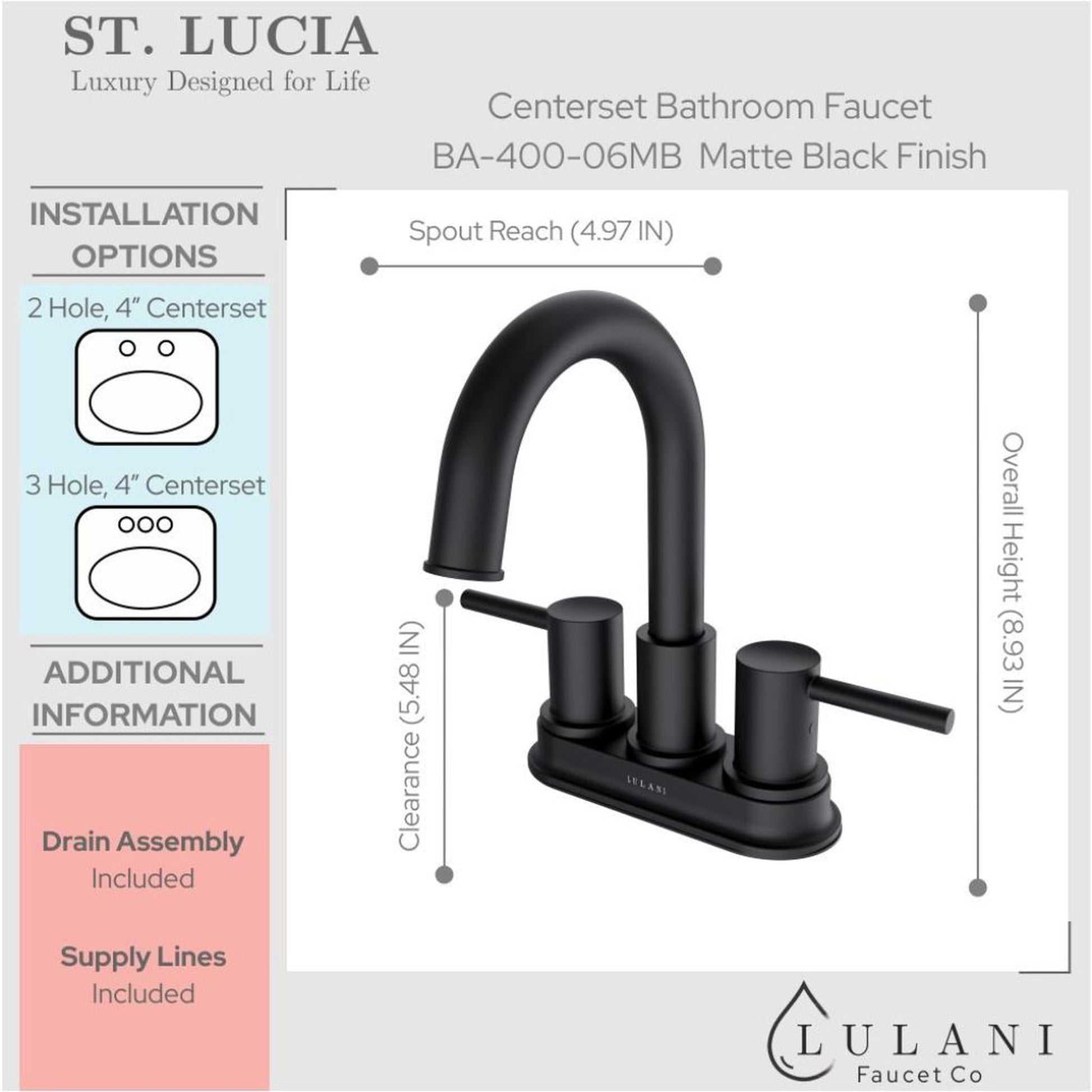 Lulani St. Lucia Matte Black 1.2 GPM Two Handle Centerset Faucet With Drain Assembly