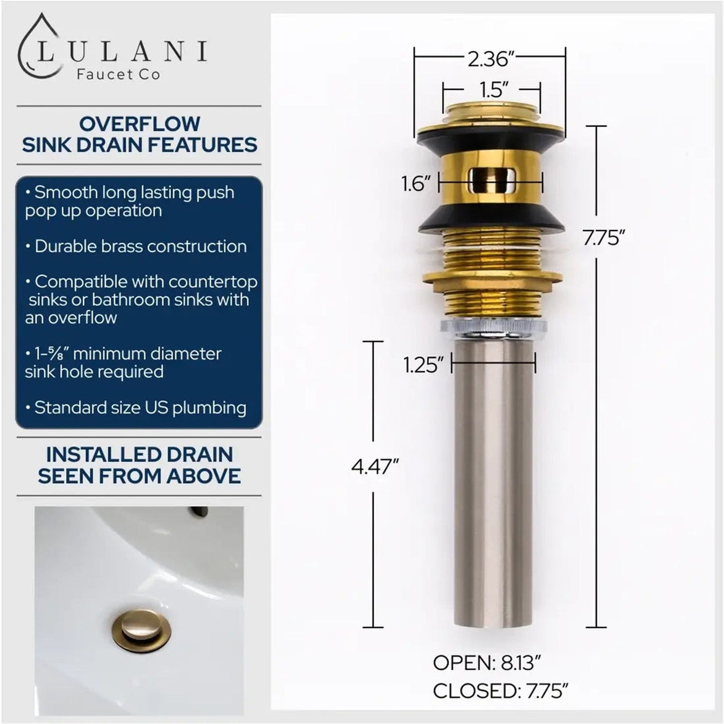 Lulani Yasawa Brushed Gold 1.2 GPM Single Hole Stainless Steel Faucet With Drain Assembly