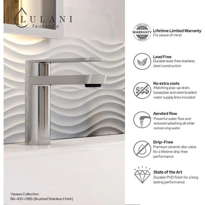Lulani Yasawa Brushed Stainless Steel 1.2 GPM Single Hole Stainless Steel Faucet With Drain Assembly