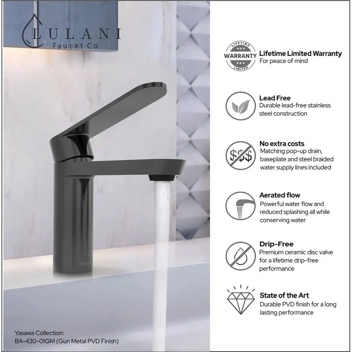 Lulani Yasawa Gun Metal 1.2 GPM Single Hole Stainless Steel Faucet With Drain Assembly