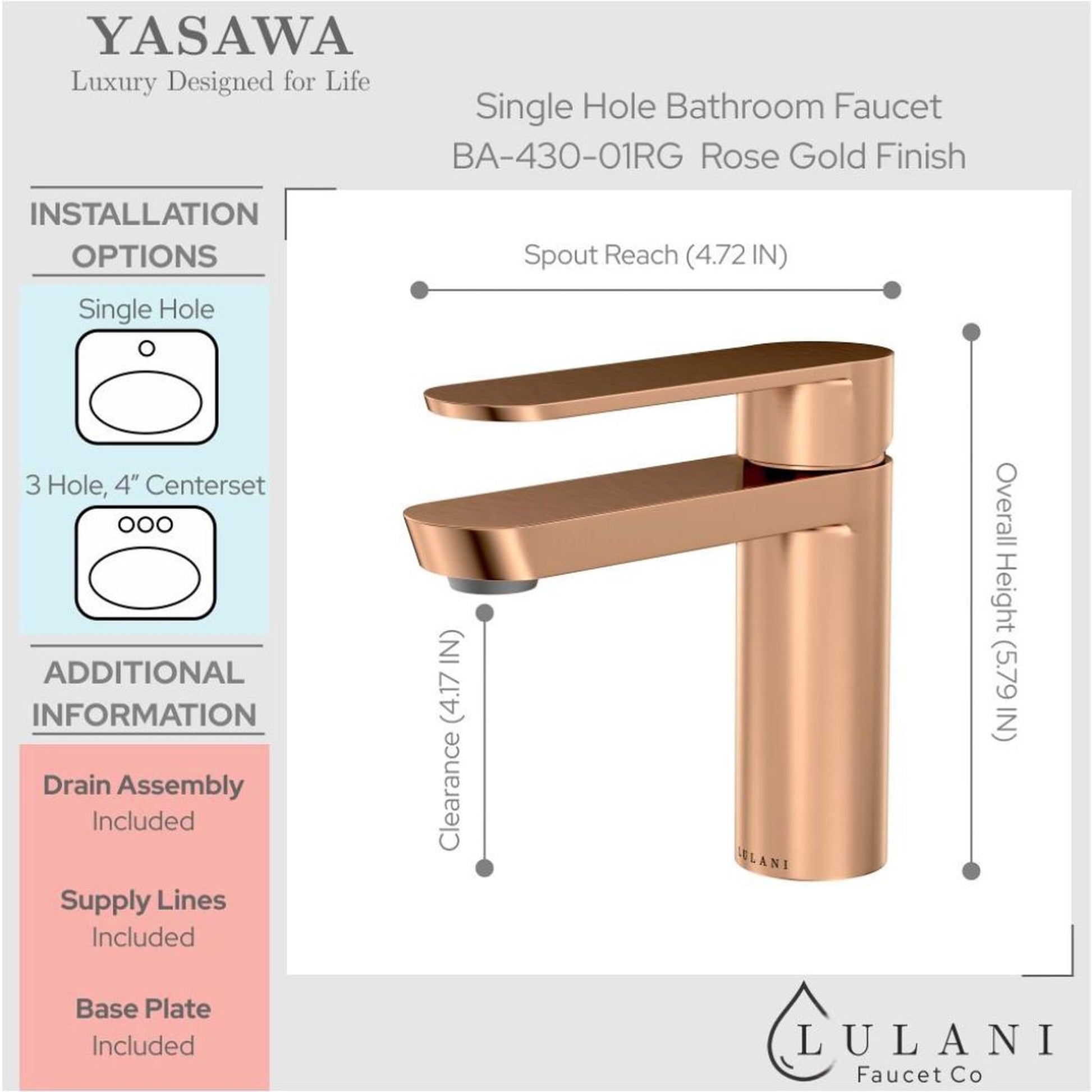 Lulani Yasawa Rose Gold 1.2 GPM Single Hole Stainless Steel Faucet With Drain Assembly