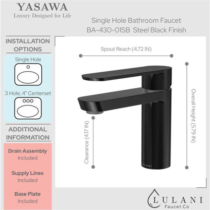 Lulani Yasawa Steel Black 1.2 GPM Single Hole Stainless Steel Faucet With Drain Assembly
