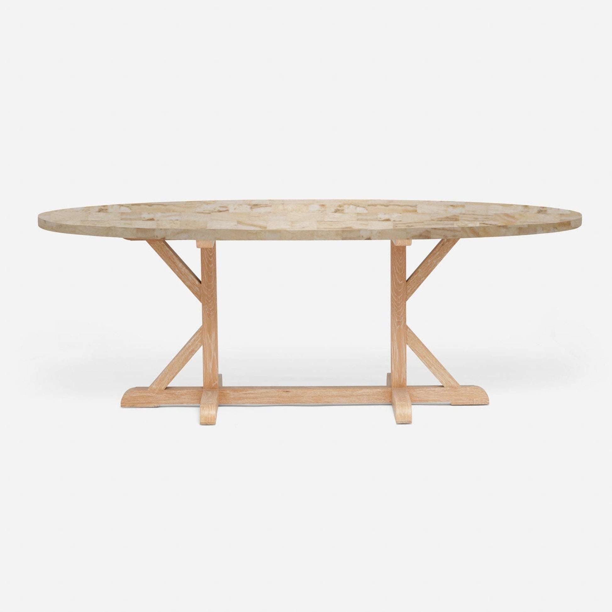Made Goods Dane 84" x 42" x 30" White Cerused Oak Dinning Table With Oval Beige Crystal Stone Table Top