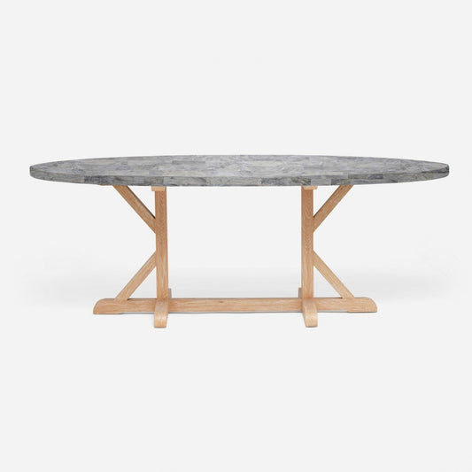Made Goods Dane 84" x 42" x 30" White Cerused Oak Dinning Table With Oval Gray Romblon Stone Table Top