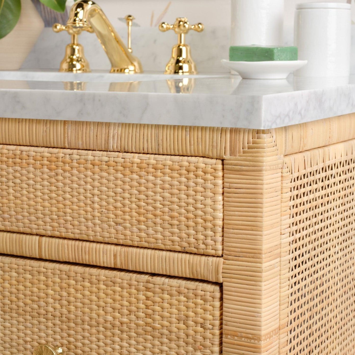 Made Goods Isla 28" 2-Drawer Natural Peeled Rattan Freestanding Vanity Base With Zaire Nickel Brass Knobs